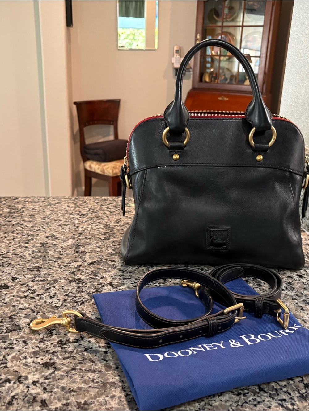 Dooney & Bourke Cameron Black Florentine Leather Satchel and Red Zip Accent